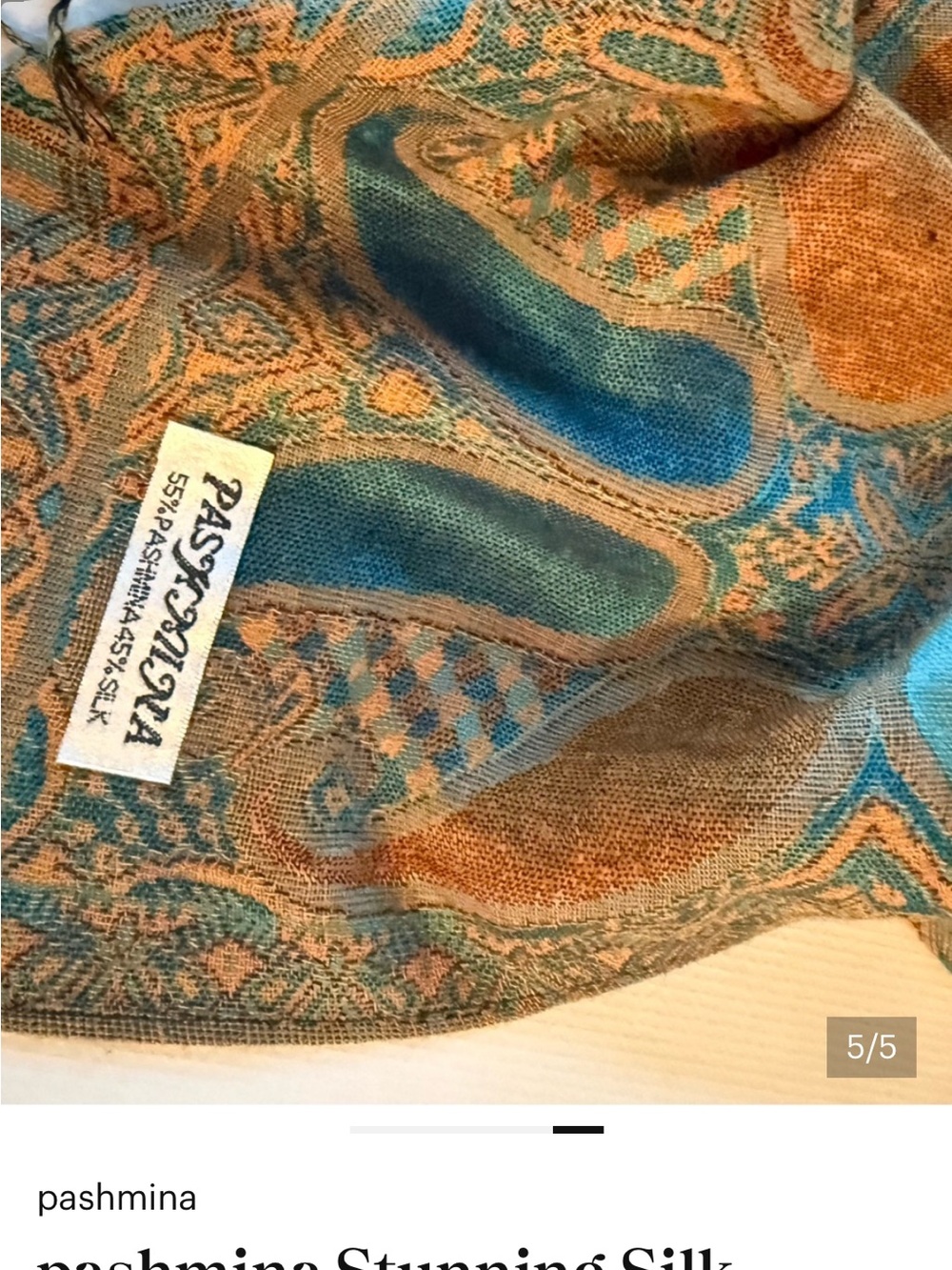 pashmina Silk Blend Teal and Mustard Paisley Pashmina Scarf - Picture 6 of 7